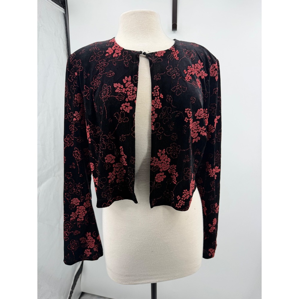 CDC Floral Glitter Velvet Cropped‎ Cardigan Jacket Womens 16 Black Red Shrug